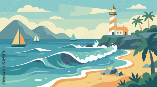 Vibrant Coastal Landscape with Lighthouse, Sailboats, and Sandy Beach