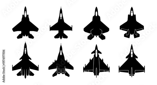 Foto Military fighter jet silhouettes, 8 combat aircraft vectors, warplane icons