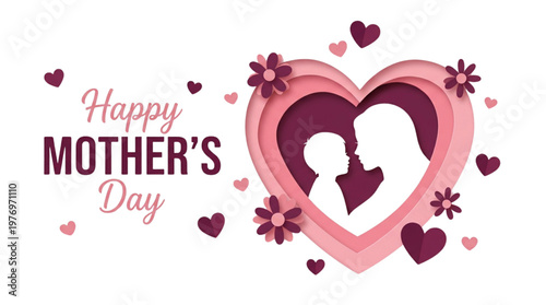 Happy Mother's Day Heart Card with Mom and Baby Silhouette, Love, Family Celebration, Gift Graphics