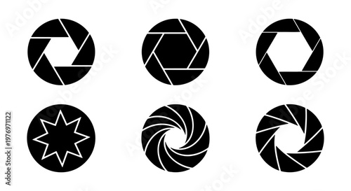 Camera shutter aperture icons, 6 photography lens diaphragm vectors