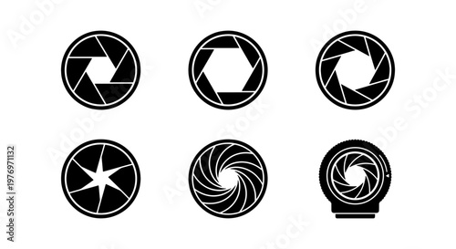 Camera shutter aperture icon set, black photography lens diaphragm symbols, 6 vector elements for photo studio branding and video production