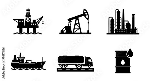 Industrial oil icons, petroleum energy production set, fuel industry vectors