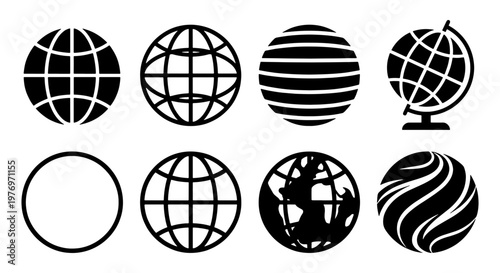 Globe icon set, 8 world map vector symbols, black earth planet signs