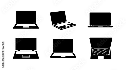 Laptop computer silhouette icons, 6 black notebook vector elements, PC set