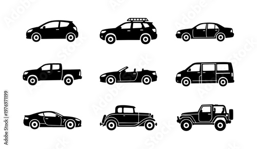 Black car icons set, vehicle silhouette collection, 9 transport vector signs