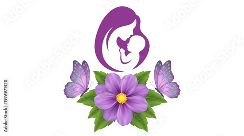 Motherhood Embrace Symbol with Butterflies and Flower for Maternity Care and Family Support Marketing
