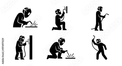 Industrial welder icons, professional welding worker set, black vector pictograms