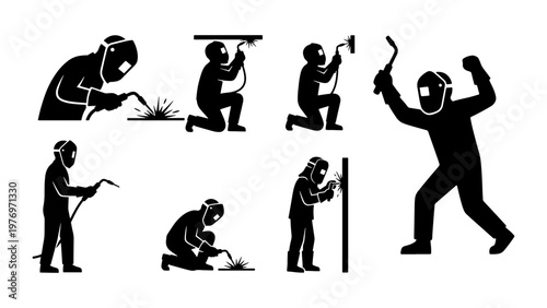 Welder silhouette icons set, industrial welding worker vector, 7 elements