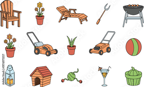 Garden furniture and outdoor equipment set with armchair chaise lounge barbecue lawn mower vector isolated on white