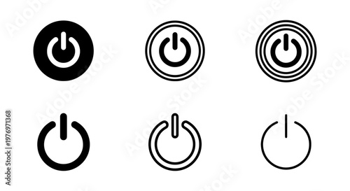 Foto Minimalist power button icon set, 6 black start symbols, digital switch vector
