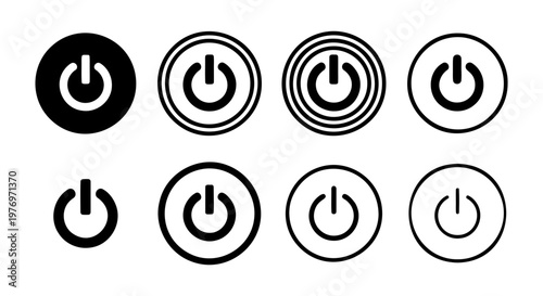 Power button icon set, 8 black vector switch symbols, energy start signs