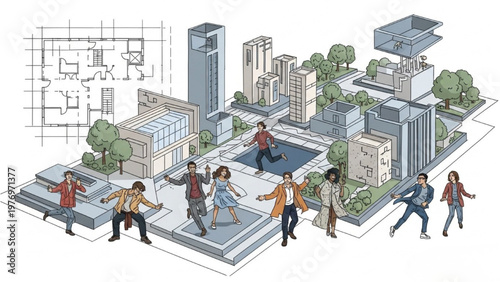 People walking on vector CAD designed city streets with buildings