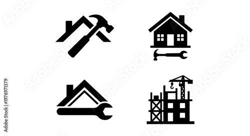 Home construction icons, house repair logo set, building tools vector