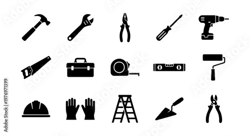 Construction tool icons, 15 black vector elements, hardware repair set