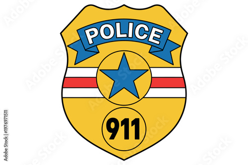 A police badge with a blue star and the number 911