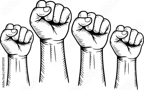 Fists raised in solidarity, black and white style power protest