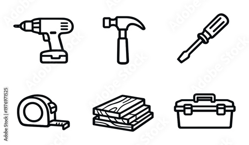 Hand tool icons showing drill hammer and toolbox on dark panel