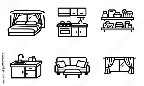 Home furnishing icons arranged in grid on a dark background
