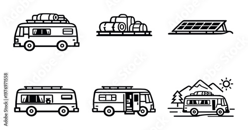 Camper van and camping gear icons depicting outdoor travel