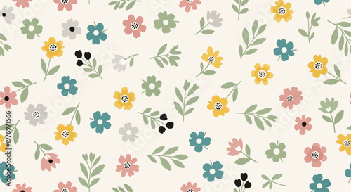 Floral seamless ditsy pattern background with tiny retro petals