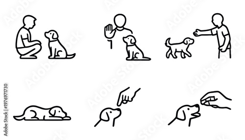 Dog training icons showing commands on dark gradient background