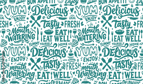 Turquoise hand drawn food lettering seamless background with yum and delicious text style.