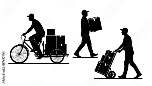 Workers transporting goods using vector CAD logistics equipment