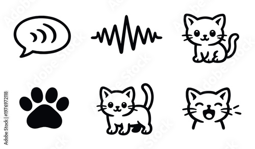 Assorted cat icons and sound symbols on dark textured background
