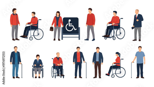 Diverse group of people with disabilities using vector CAD designed assistive devices.