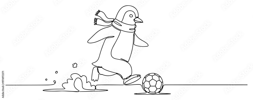 Fototapeta premium Continuous line drawing of a penguin wearing a scarf and playing soccer in the snow