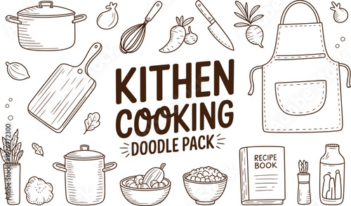 Hand-drawn kitchen cooking doodle pack featuring a chef apron, cooking pot, wooden cutting board, whisk, knife, vegetables, recipe book, and bowls on a plain white background