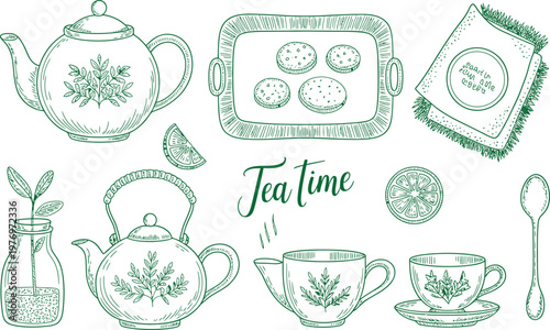 Hand-drawn green line set featuring teapots, a tray of cookies, a teacup, a spoon, lemon slices, and a plant in a glass jar, centered with the cursive text tea time on white