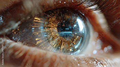 Macro shot of a human eye reflecting futuristic technology, with golden circuits and lights