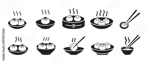 Fotografie Set of black and white dim sum dumplings icons with bamboo steamer and chopsticks for Chinese food menu design