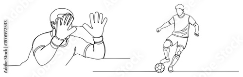 Fotografi Action scene of a soccer player dribbling towards a goalkeeper protecting his fa