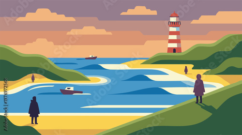 Abstract coastal landscape with a red and white lighthouse and boats