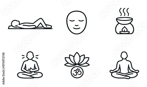 Meditation and relaxation icons showing poses, mask, diffuser on dark
