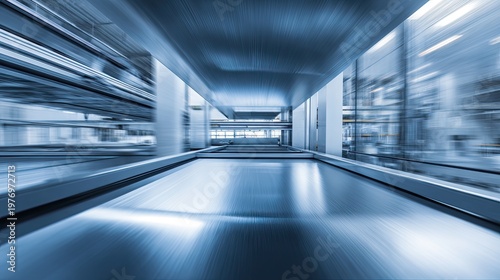 Modern industrial facility interior featuring a long conveyor belt moving forward, with motion blur creating a dynamic impression of speed, technology, and efficient automation