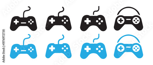 Set of retro and modern video game controllers, black and blue flat design vector illustration.