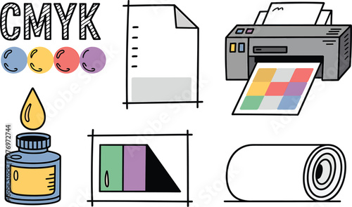 Hand-drawn doodle set featuring cmyk color circles, a printer outputting a color grid, a document, an ink bottle with a yellow drop, a geometric color block and a paper roll on white