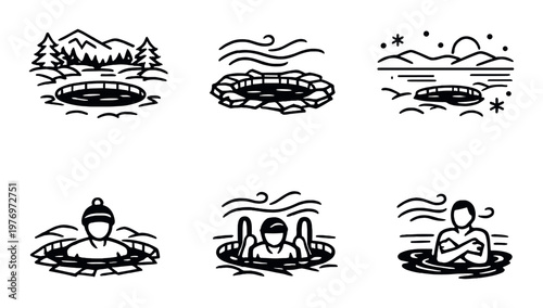 Hot spring illustrations showing pools and people bathing outdoors