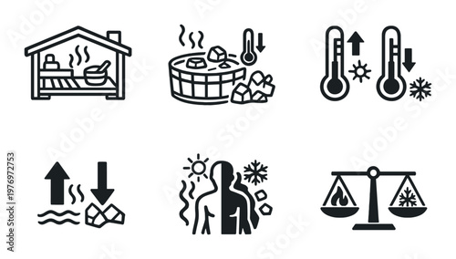 Sauna hot tub and temperature contrast icons showing heat and cold