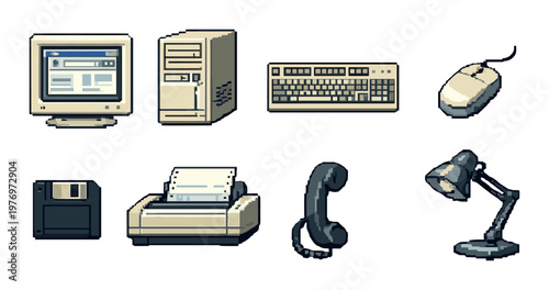 Vintage computer peripherals and office devices on gray background