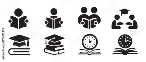 Education Icons Set. Reading, Graduation, Study, Time Vector Illustration.