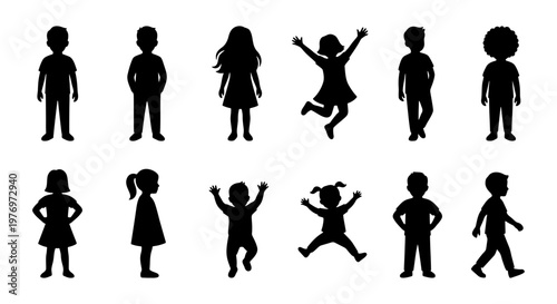 Children silhouette collection, 12 kids vector set, diverse youth icons