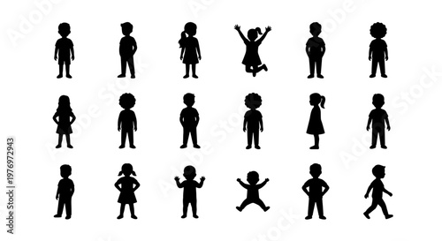 Children silhouette icons, 18 kids vector set, little boy and girl figures