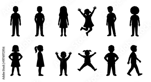 Children silhouette set, 12 kids vector icons, diverse boy and girl figures