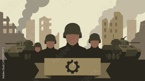War illustration with soldiers, tanks, destroyed city, and industrial gear symbol