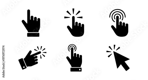 Black cursor hand icons, 6 clicking pointer vectors, web touch symbols
