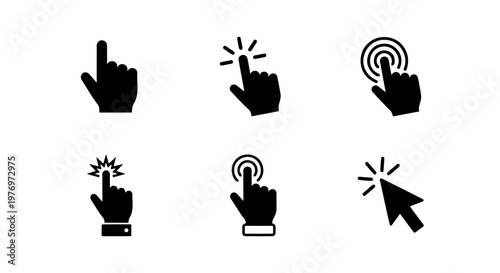 Minimalist hand cursor icon set, 6 black clicker symbols, vector pointer pack